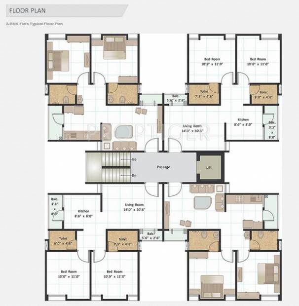 Kuber Kanha Group Life Style Apartment 2BHK Typical Floor Cluster Plan