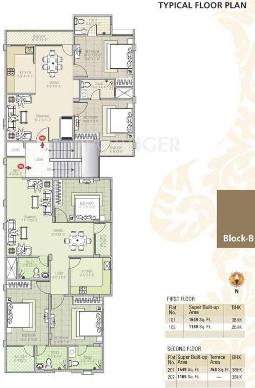 Kotecha Group Classic Residency Cluster Plan of Block B First and Second Floor