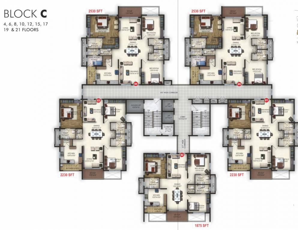  trendset jayabheri elevate Block C Cluster Plan For 4th, 6th, 8th, 10th, 12th, 15th,  17th, 19th, 21st Floor