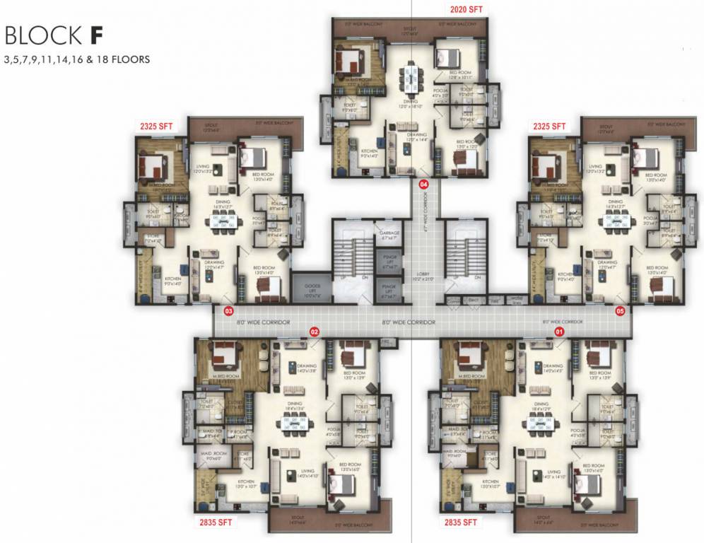  trendset jayabheri elevate Block F Cluster Plan For 3rd, 5th, 7th,  9th, 11th, 14th, 16th, 18th Floor