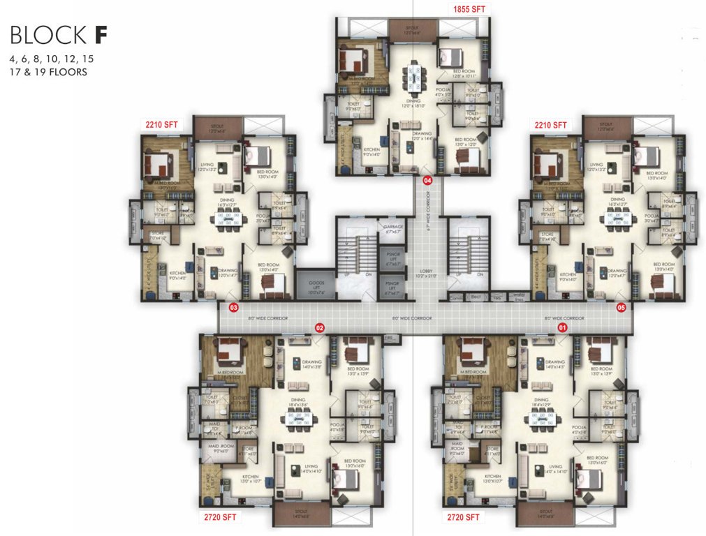  trendset jayabheri elevate Block F Cluster Plan For 4th, 6th, 8th, 10th, 12th, 15th, 17th, 19th Floor