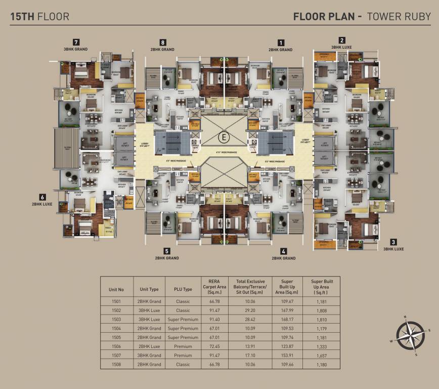purva aspire E Cluster Plan for 15th Floor