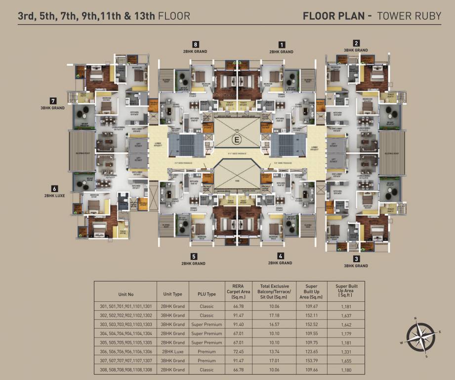 purva aspire E Cluster Plan For 3rd, 5th, 7th, 9th, 11th & 13th Floor