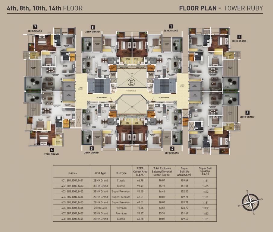 purva aspire E Cluster Plan For 4th, 8th, 10th & 14th Floor