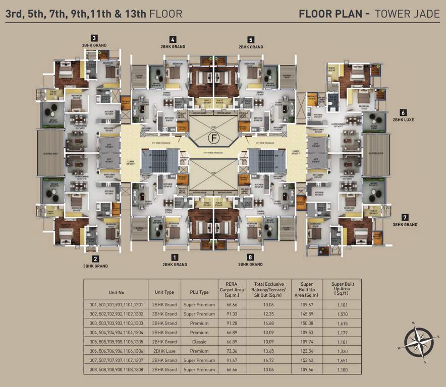 purva aspire F Cluster Plan For 3rd, 5th, 7th, 9th, 11th & 13th Floor