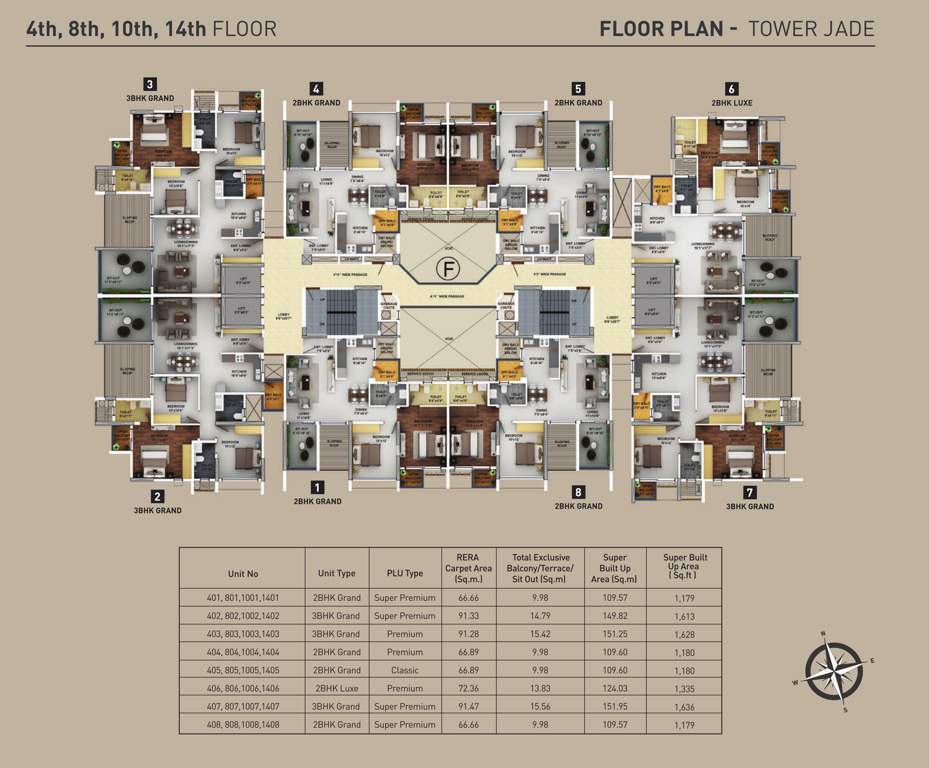 purva aspire F Cluster Plan For 4th, 8th, 10th & 14th Floor