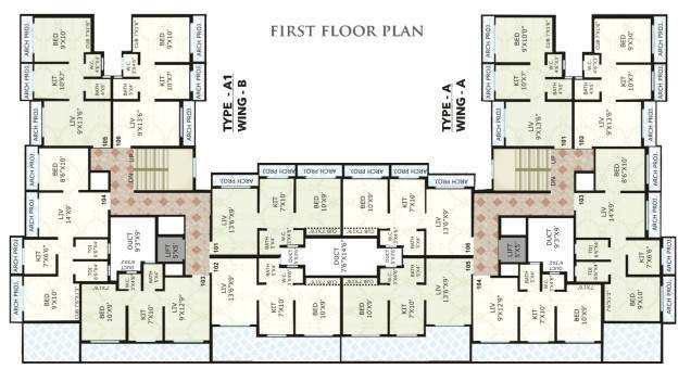  kanti atharva Bldg 3 Type A , Wing A And Type A1 Wing B Cluster Plan for 1st Floor