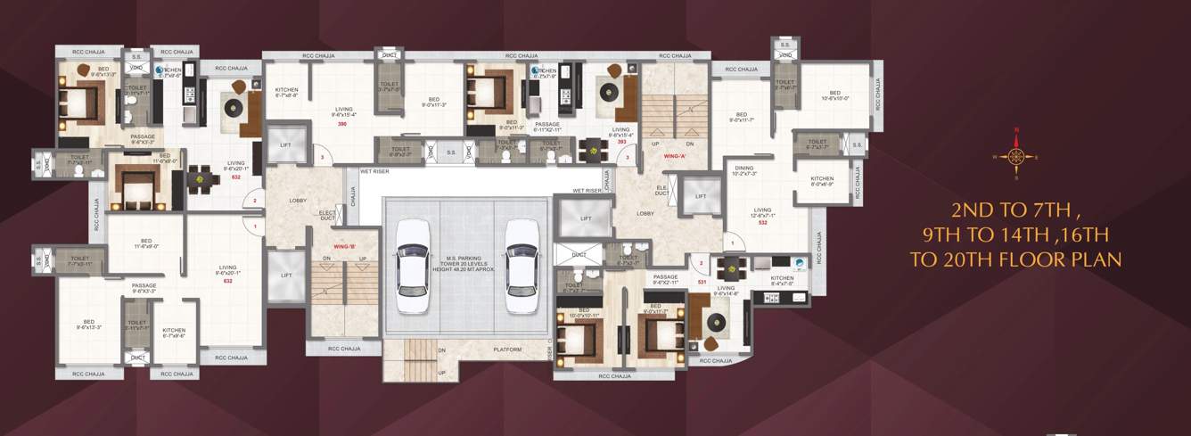 gurukripa chs A Wing and B Wing Cluster Plan from 2nd to 7th, 9th to 14th, 16th to 20th Floor
