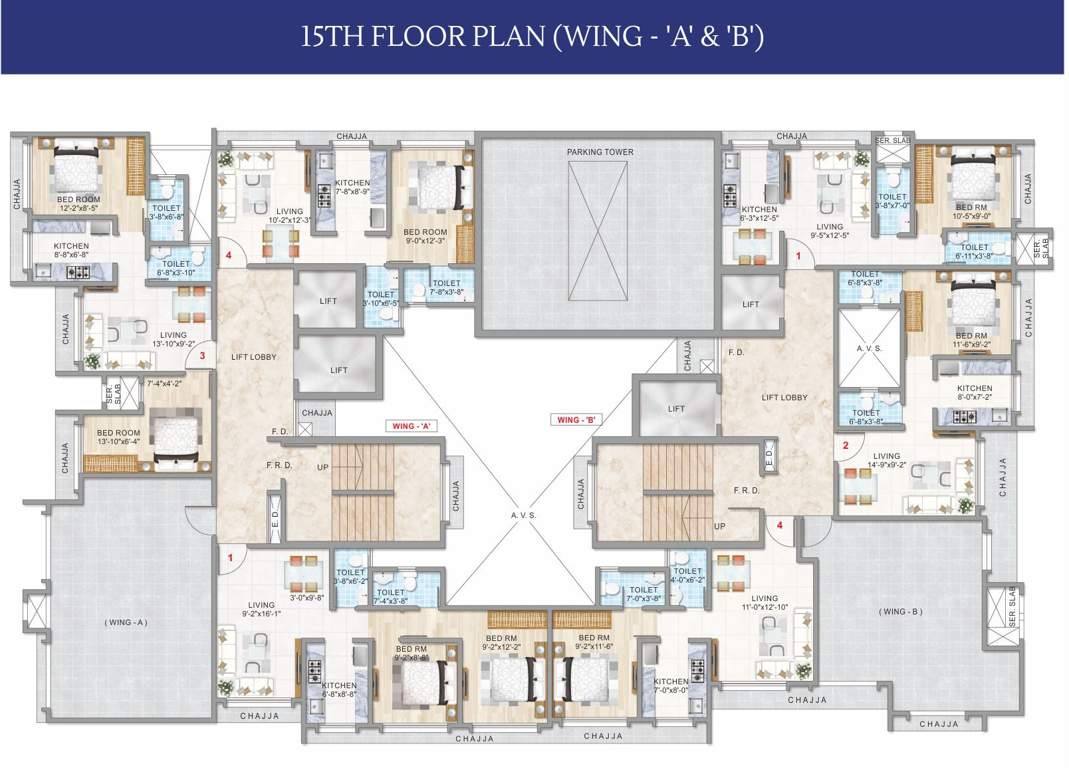  square Adityaraj Square Wing A and B Cluster Plan for 15th Floor