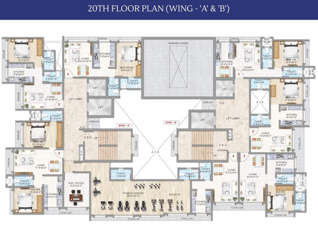  square Adityaraj Square Wing A and B Cluster Plan for 20th Floor