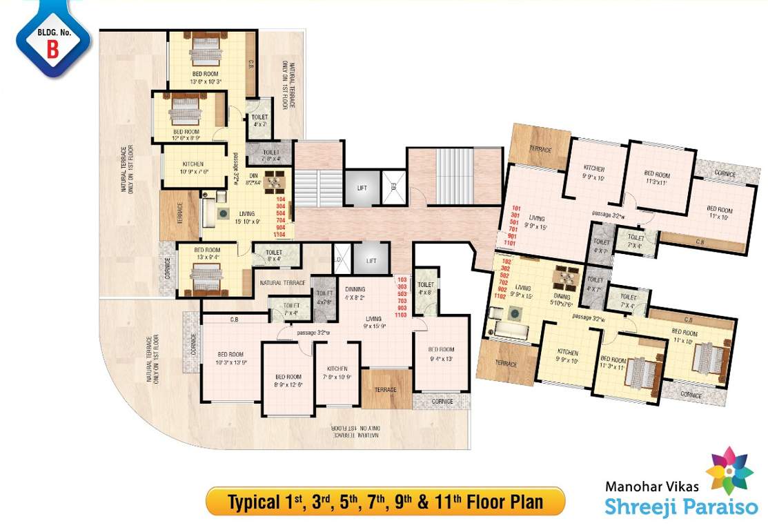  manohar vikas shreeji paraiso phase 2 B Wing Cluster Plan for 1st, 3rd, 5th, 7th, 9th and 11th Floor