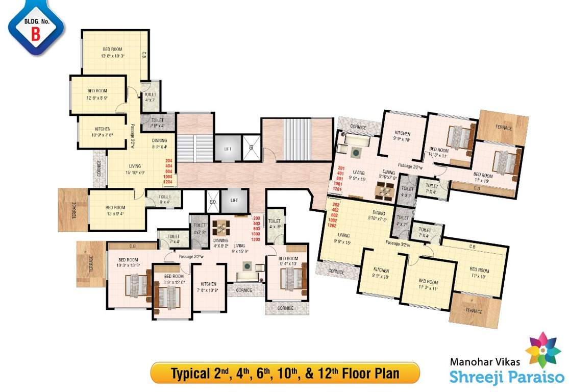  manohar vikas shreeji paraiso phase 2 B Wing Cluster Plan for 2nd, 4th, 6th, 10th and 12th Floor