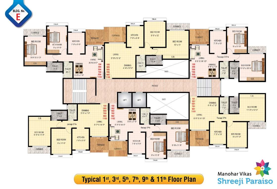  manohar vikas shreeji paraiso phase 2 E Wing Cluster Plan for 1st, 3rd, 5th, 7th, 9th and 11th Floor