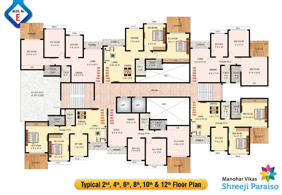  manohar vikas shreeji paraiso phase 2 E Wing Cluster Plan for 2nd, 4th, 6th, 8th, 10th and 12th Floor