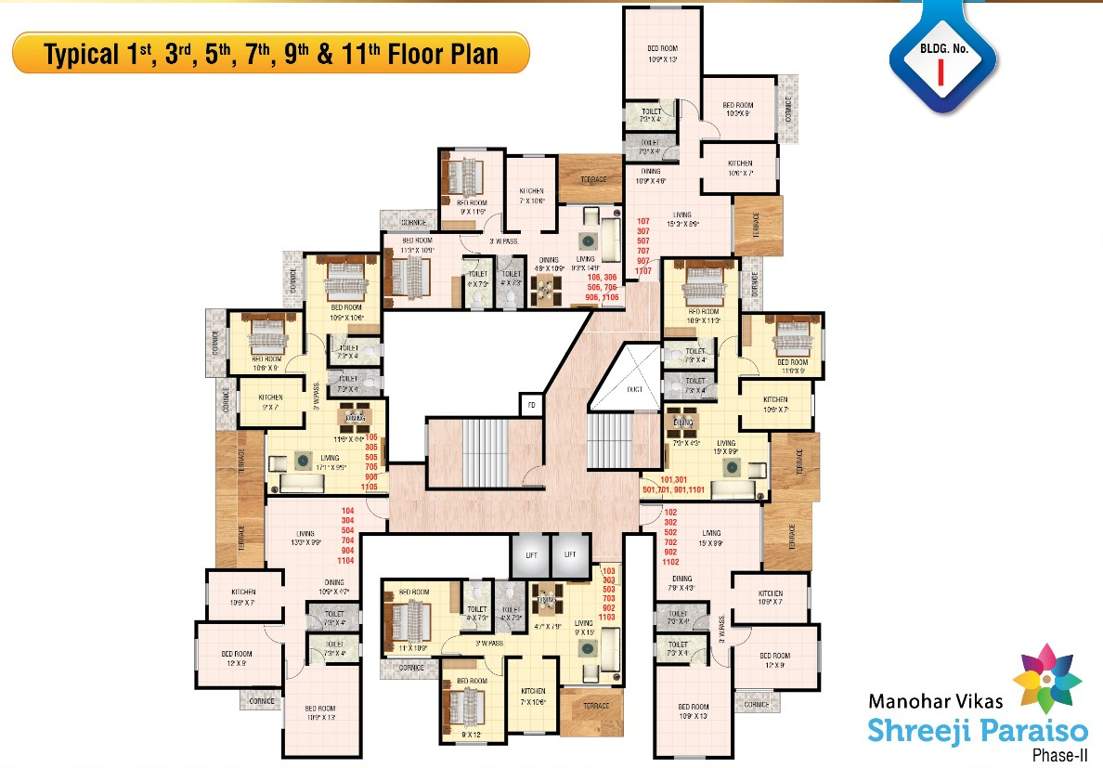  manohar vikas shreeji paraiso phase 2 I Wing Cluster Plan for 1st, 3rd, 5th, 7th, 9th and 11th Floor