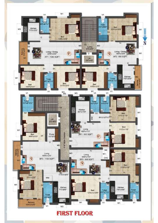  sri sai elite Tower 1 & 2 Cluster Plan for 1st Floor