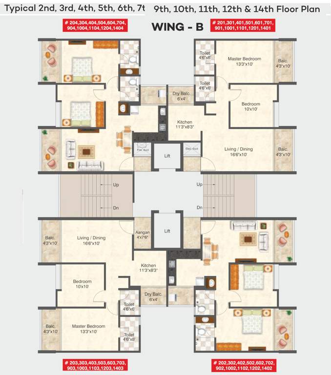  iconic Wing B Cluster Plan for 2nd to 7th And 9th to 12th And 14th Floor