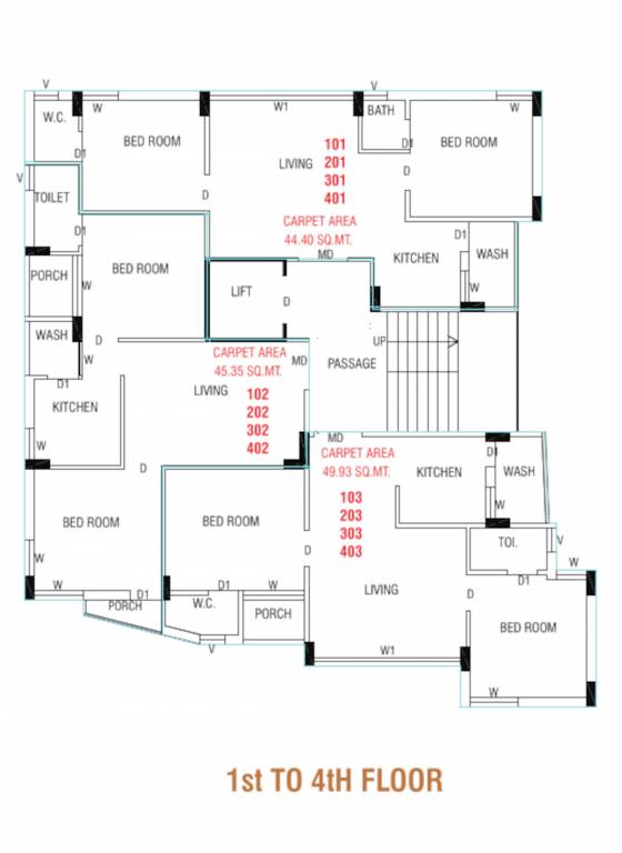 kuber flats Kuber Flats Cluster Plan from 1st to 4th Floor