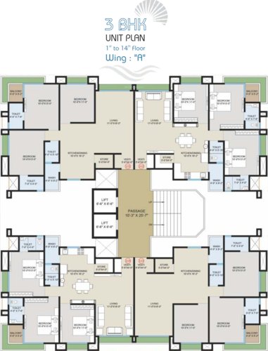  silvassa-paradise Wing A Cluster Plan from 1st to 14th Floor