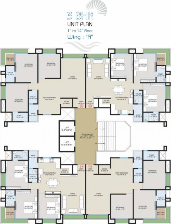 silvassa paradise Wing A Cluster Plan from 1st to 14th Floor