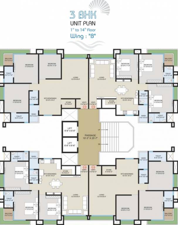 silvassa paradise Wing B Cluster Plan from 1st to 14th Floor
