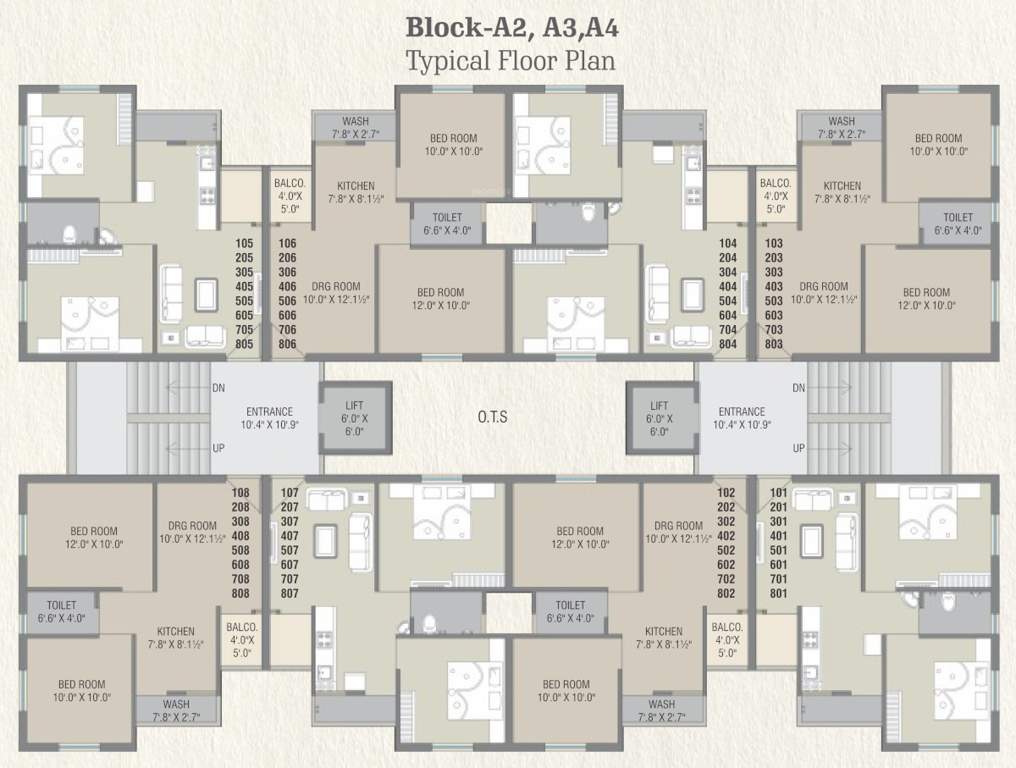 rang city flats Block A2, A3, A4 Cluster Plan from 1st to 8th Floor
