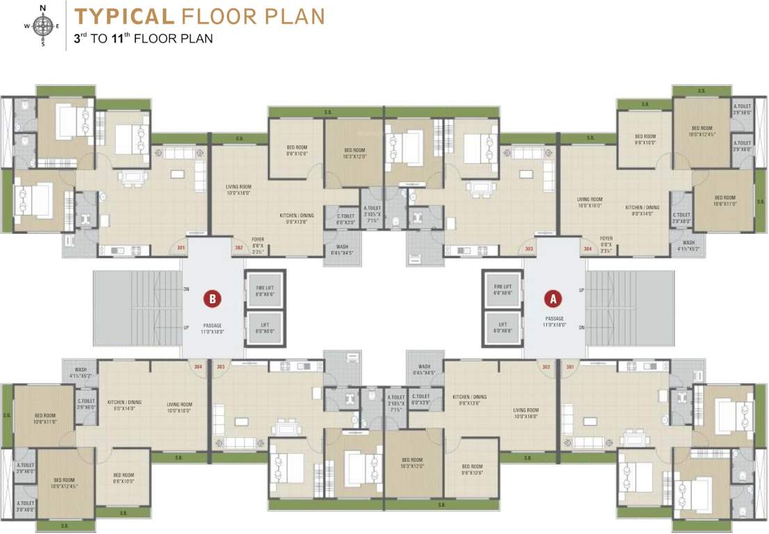 sahjanand luxuria Block A+B Cluster Plan from 3rd to 11th Floor