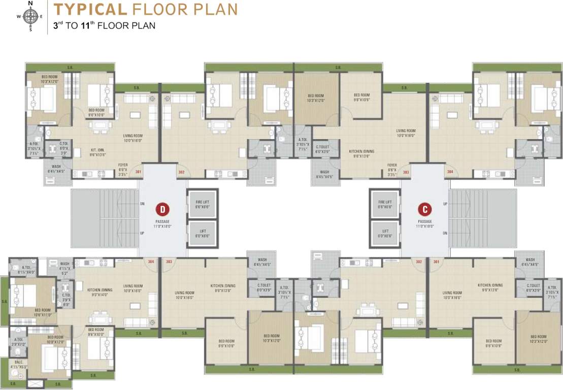 sahjanand luxuria Block C+D Cluster Plan from 3rd to 11th Floor