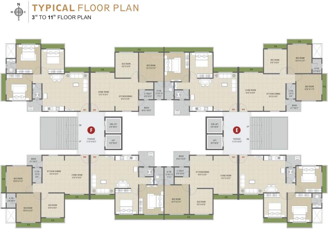sahjanand luxuria Block E+F Cluster Plan from 3rd to 11th Floor