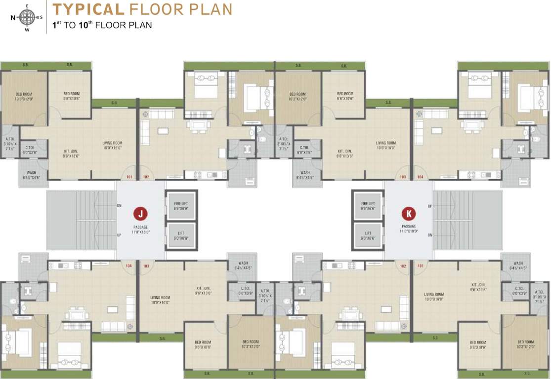 sahjanand luxuria Block J+K Cluster Plan from 1st to 10th Floor