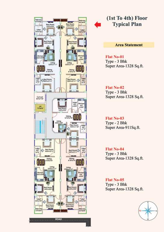  meena residency Tower 1 Cluster Plan from 1st to 4th Floor