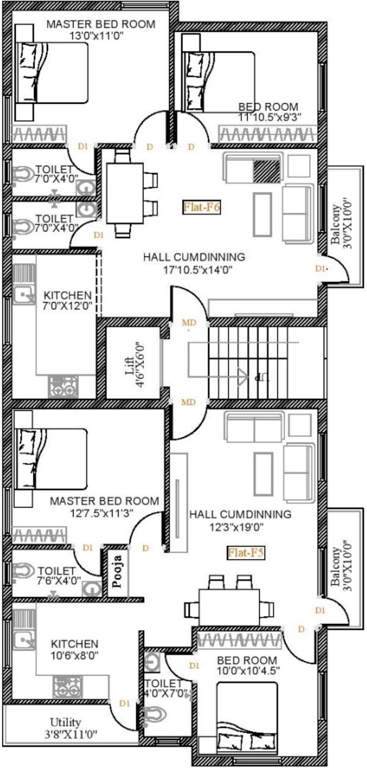  flats Domestic Flats Cluster Plan from 1st to 3rd Floor
