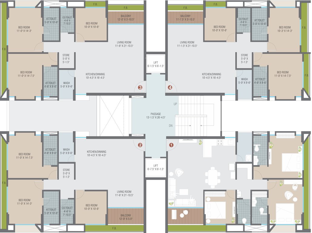  sangath homes B Cluster Plan from 1st to 14th Floor