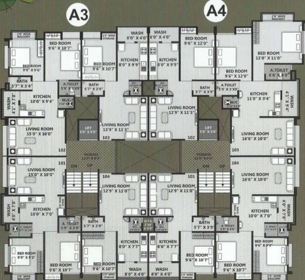 Block A1, A2, A3 & A4 Cluster Plan from 1st to 5th Floor valley- Block A1, A2, A3 & A4 Cluster Plan from 1st to 5th Floor
