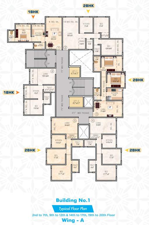  gp complex building no 1 A   Wing Cluster Plan 2nd To 7th, 9th To 12th & 14th To 17th, 19th To 20th Floor