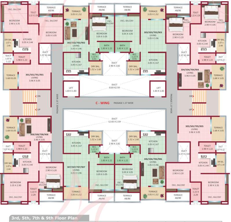  shanaya elegance C Wing Cluster Plan from 3rd, 5th, 7th And 9th Floor