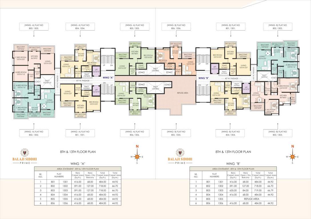  balaji siddhi prime Wing A/B Cluster Plan from 8th to 13th Floor