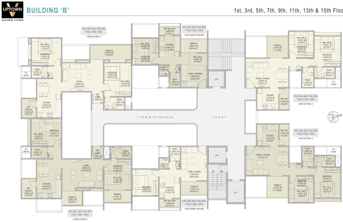  v uptown V Uptown B Wing Cluster Plan from 1st, 3rd, 5th, 7th, 9th, 11th, 13th And  15th Floor