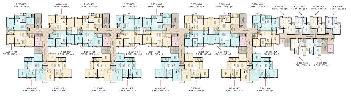  crown Block A, Block B, Block C, Block D, Block E  Cluster Plan from 1st to 14th Floor