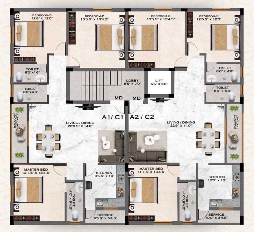  4 square 4 Square Cluster Plan from 1st to 3rd Floor