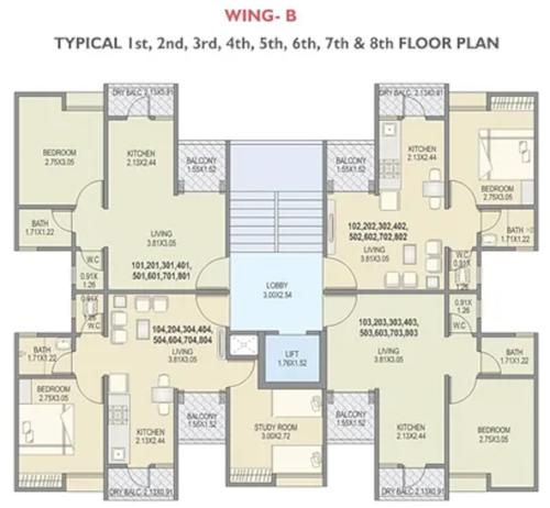  mangalam-wing-a-and-wing-b Wing B Cluster Plan from 1st to 8th Floor