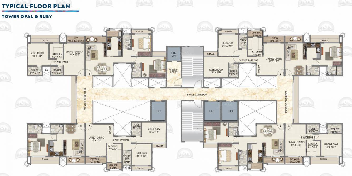  sai suncity phase ii Tower 3 Type A Opal & Ruby Cluster Plan For Typical Floor