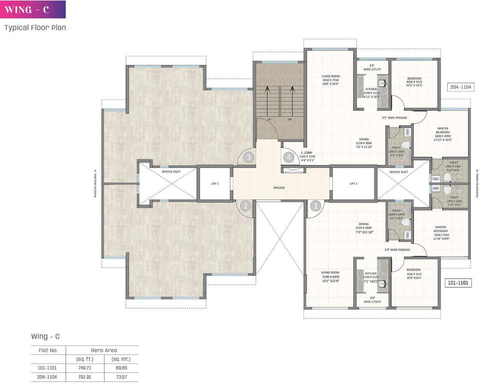 alora C Wing 2 Basements, Ground to 9th Floor And 10th Part Floor Typical Cluster Plan