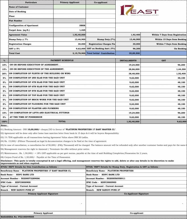 17-east Construction Linked Payment (CLP) Payment Plan