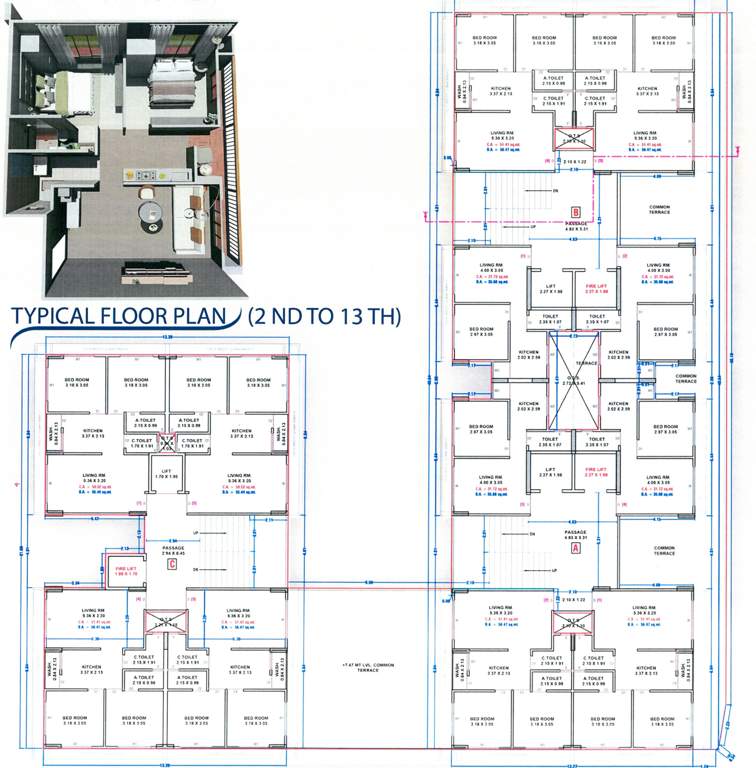 dayalji park Block A , Block B And Block C Cluster Plan from 2nd to 13th Floor
