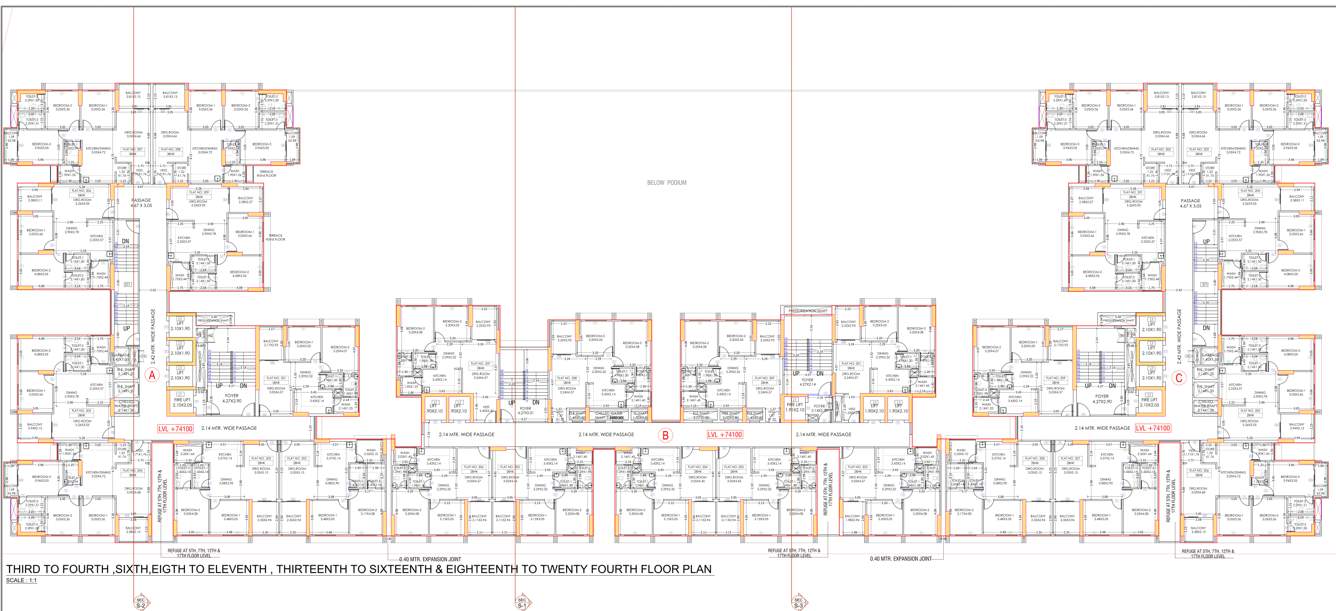 north sky Block A B And C Cluster Plan for Third To Fourth, Sixth, Eigth To Eleventh, Thirteenth To Sixteenth & Eighteenth To Twenty Fourth Floor Plan