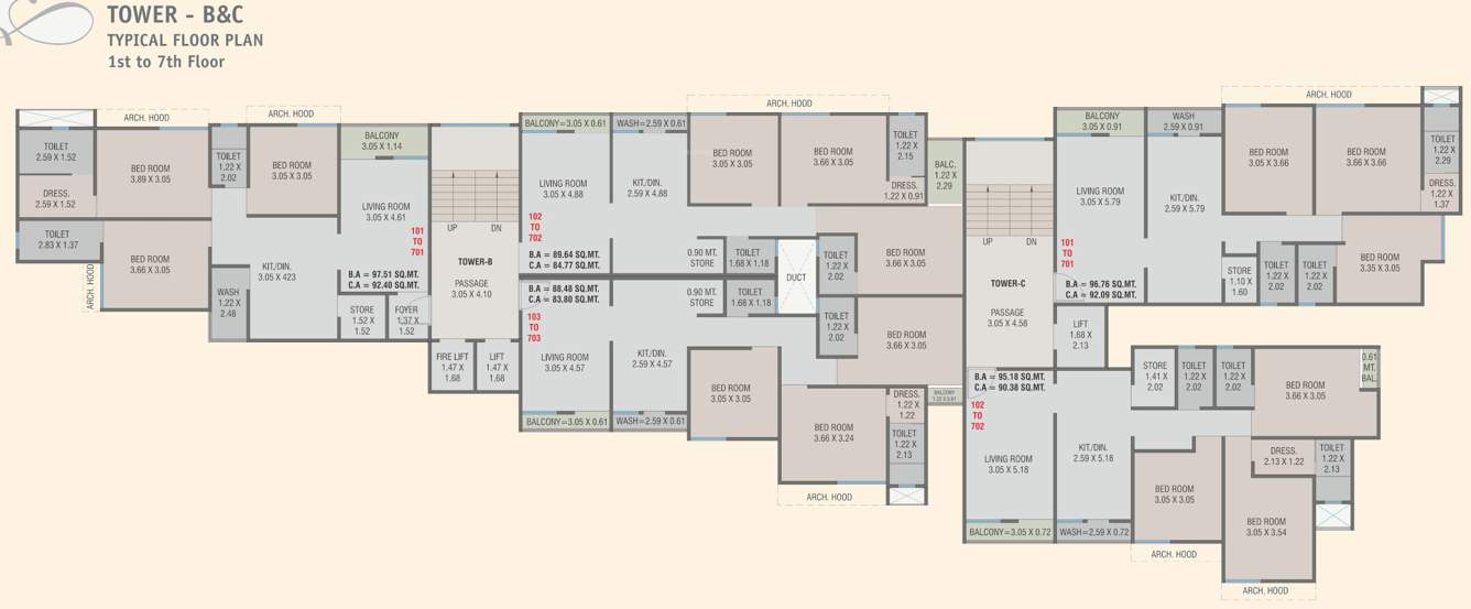  shikhar platinum Tower B And Tower C Cluster Plan from 1st to 7th Floor