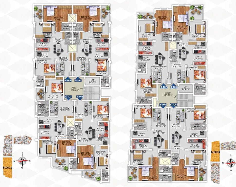 navya residency Block A And B Cluster Plan from 2nd to 4th Floor