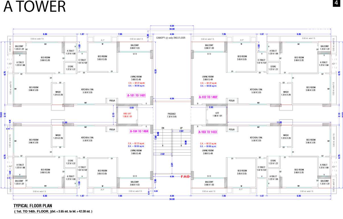 tulip residency Block A Cluster Plan from 1st to 14th Floor