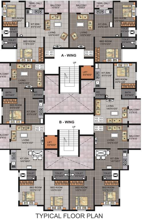  garden Wing A, B Typical Cluster Plan